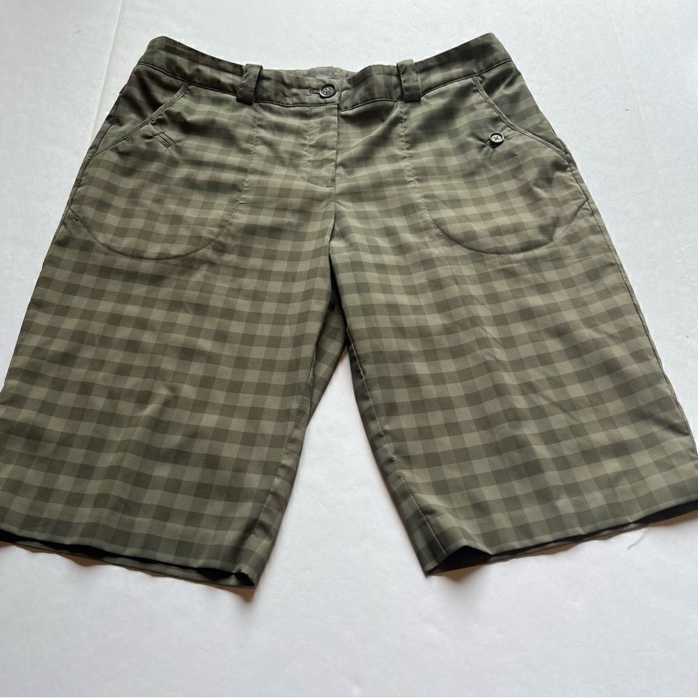 Nike Golf Women's Dri Fit Shorts Olive Green Check Pattern Size 12